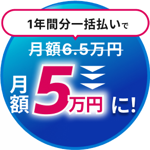 1年間分割払いで月額6.5万円が5万円に！