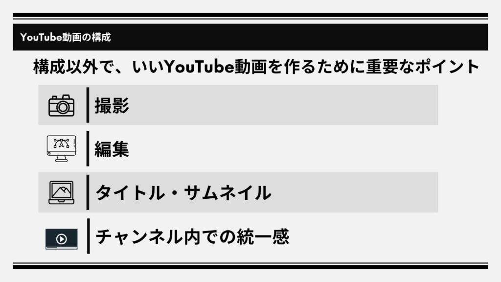 構成以外で、いいYouTube動画を作るために重要なポイントについて4段階で説明している図解