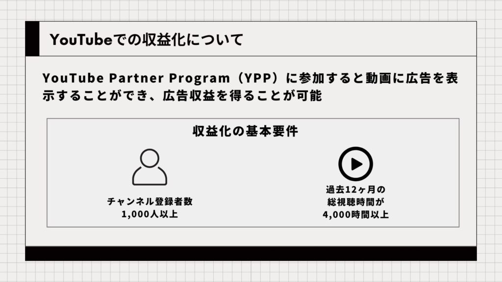 YouTubeでの収益化についてプログラムの詳細やの基本要件をまとめた図解
