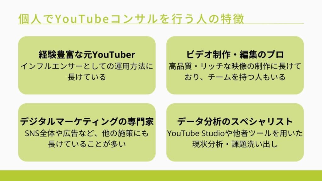 個人でYouTubeコンサルを行う人の特徴として4つの例を挙げて説明してる図解