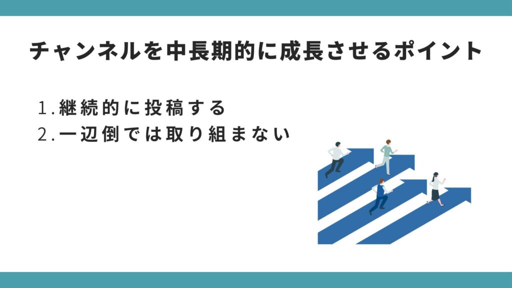 YouTubeチャンネルを中長期的に成長させるポイントとして継続性について説明している図解