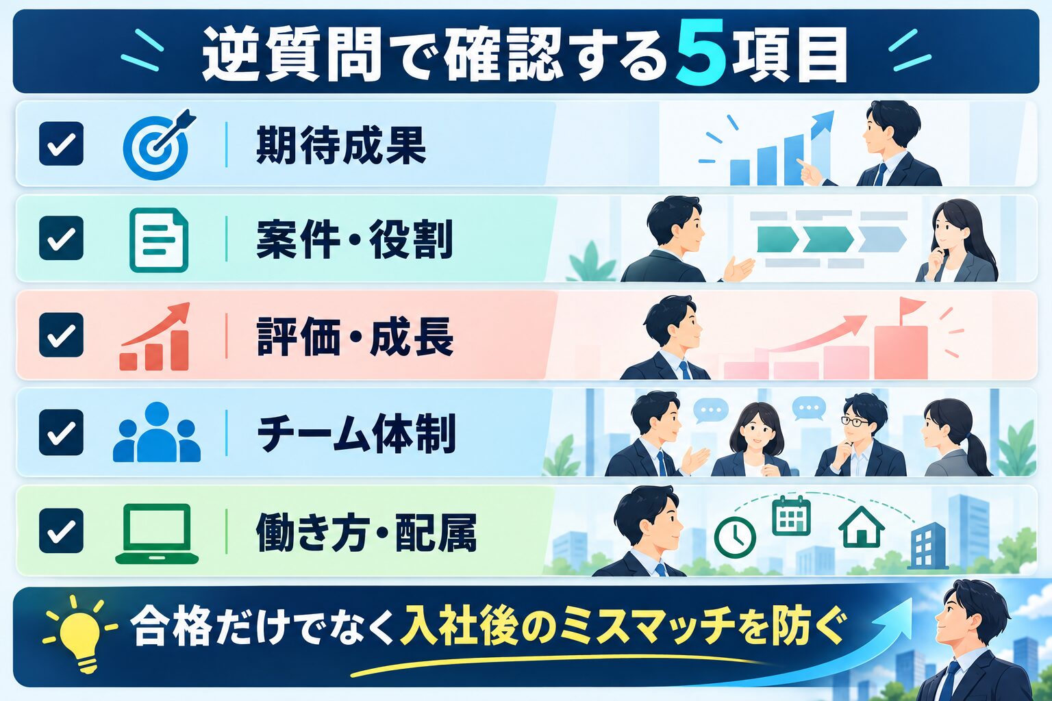 アビームの中途面接で期待成果、案件役割、評価成長、チーム体制、働き方配属を確認する逆質問