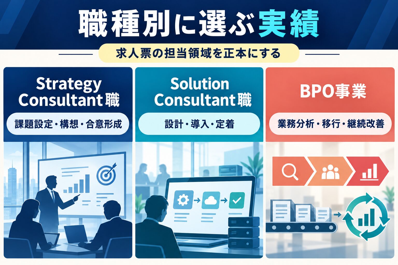 アビームのStrategy Consultant職、Solution Consultant職、BPO事業で面接に使う実績の整理例