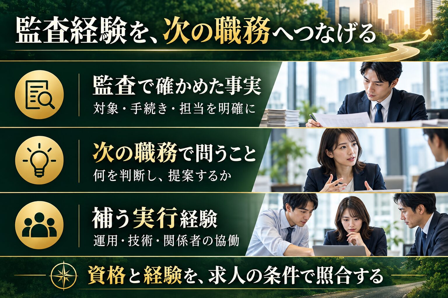 監査で確かめた事実、次の職務で問うこと、補う実行経験を分けて整理する
