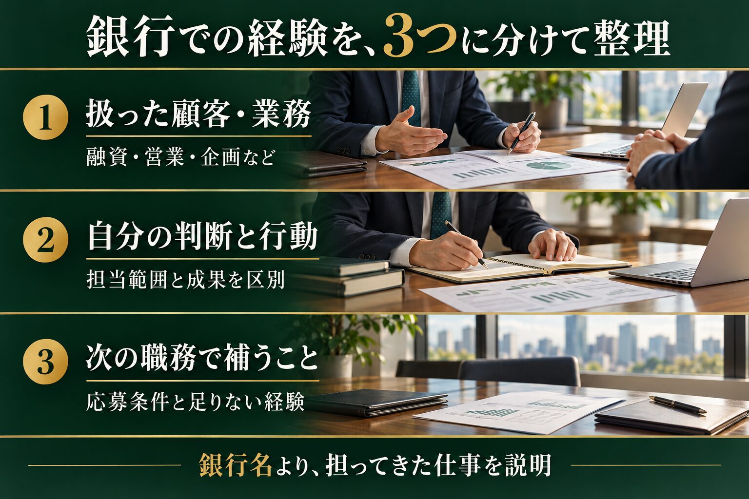 銀行での経験を、扱った顧客・業務、自分の判断と行動、次の職務で補うことに分けて整理