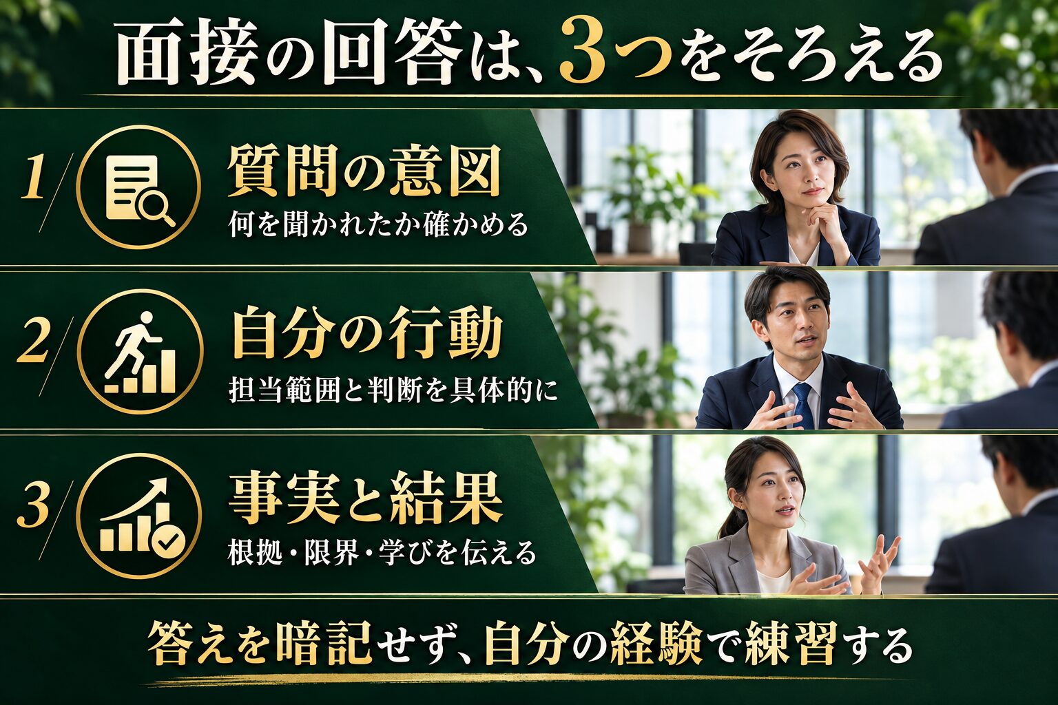面接の回答は質問の意図、自分の行動、事実と結果の3つをそろえる