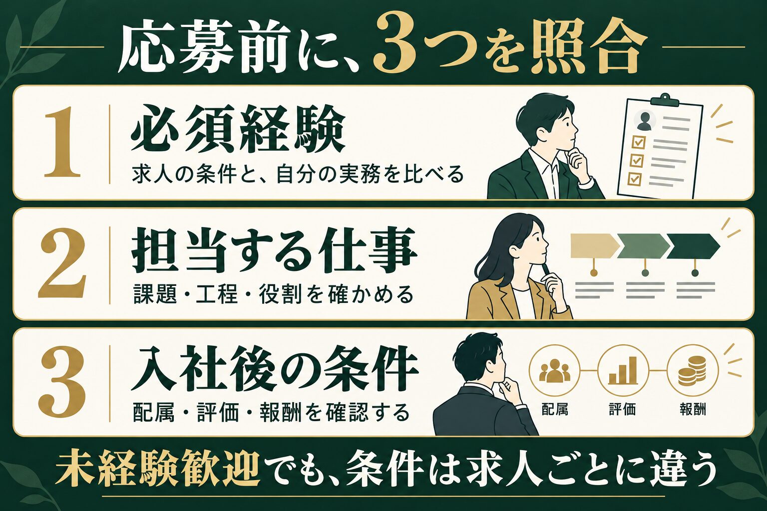 コンサル転職の応募前に必須経験、担当する仕事、入社後の条件を照合する