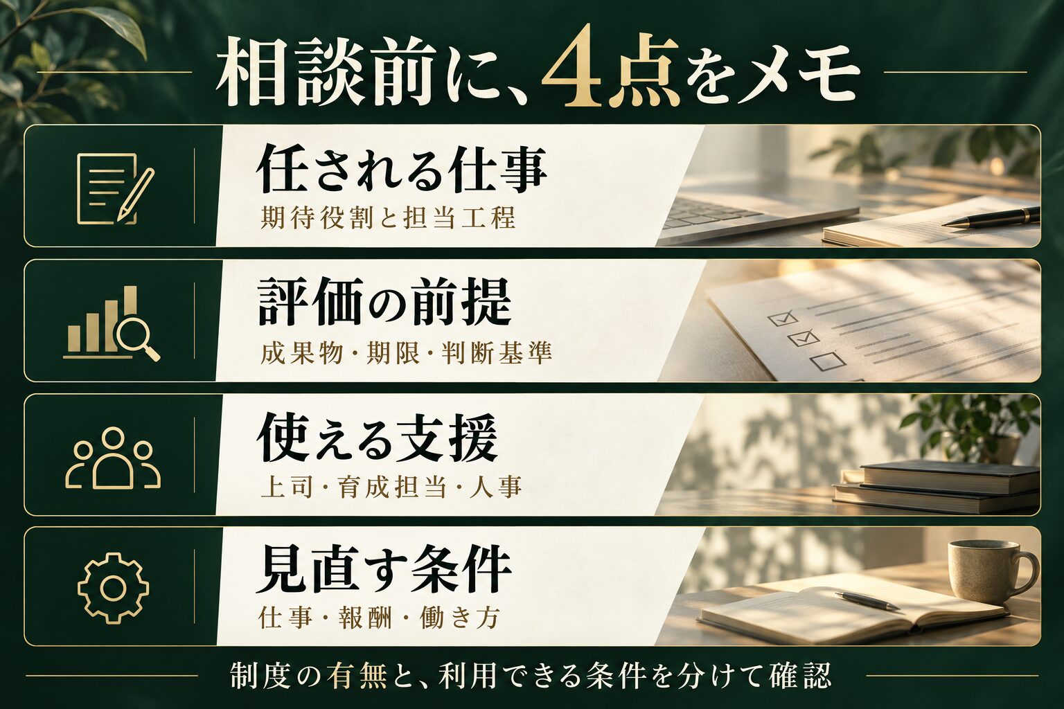 相談前に任される仕事、評価の前提、使える支援、見直す条件をメモする