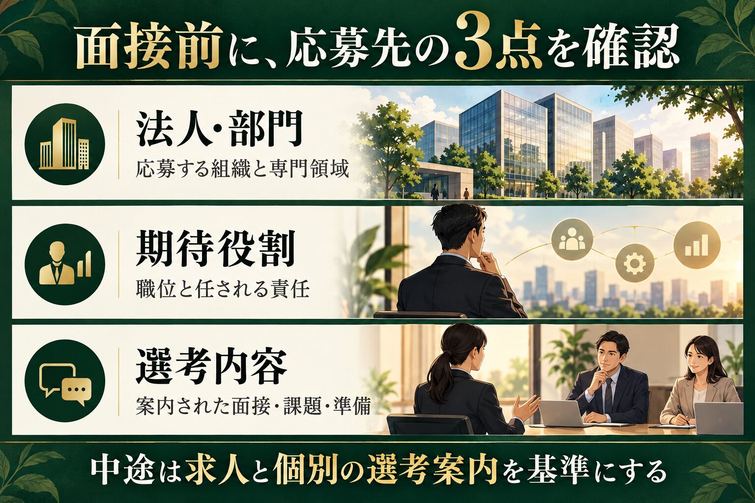 面接前に応募先の法人と部門、期待役割、選考内容の3点を確認する