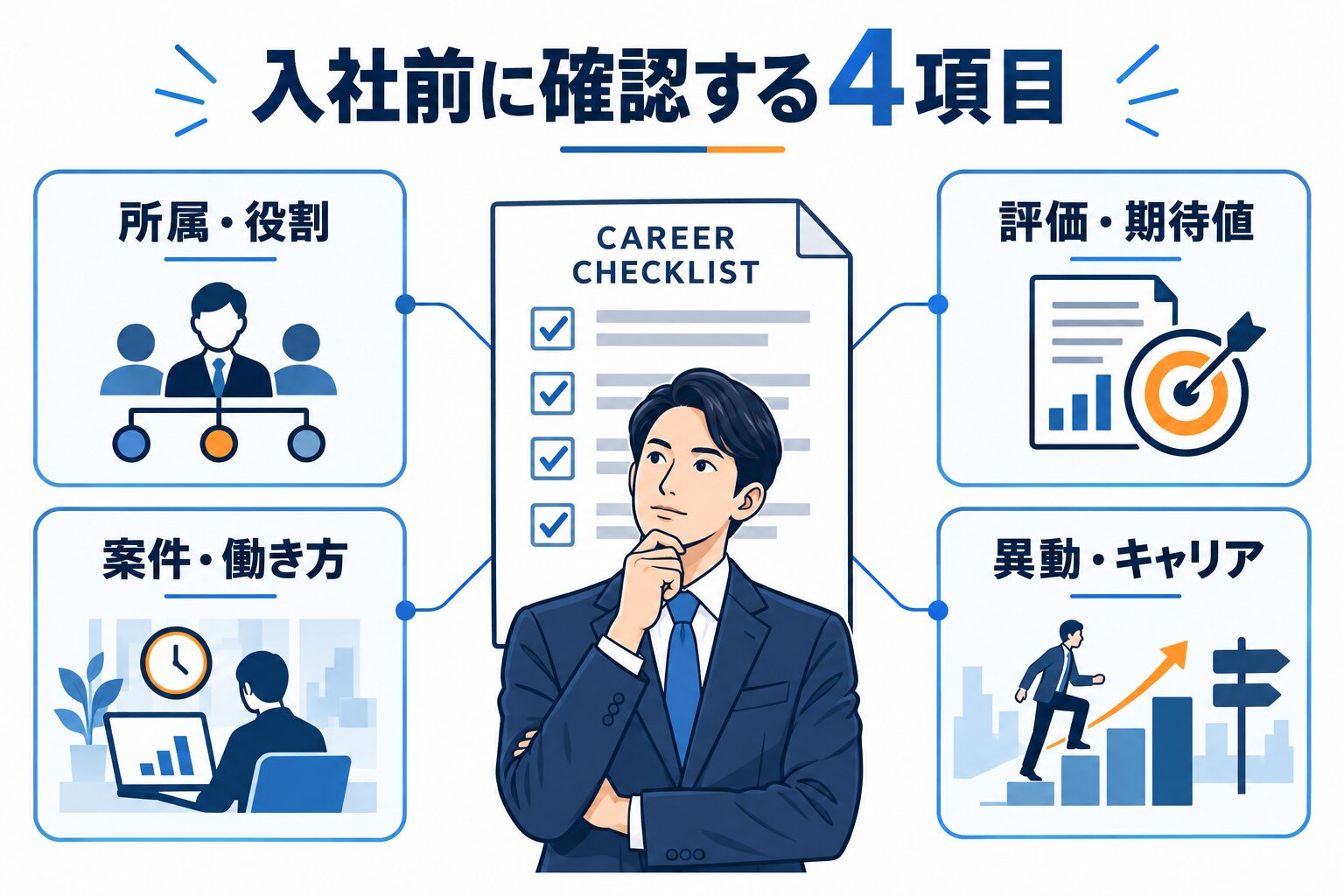 所属・役割、評価・期待値、案件・働き方、異動・キャリアの4項目を入社前に確認する図
