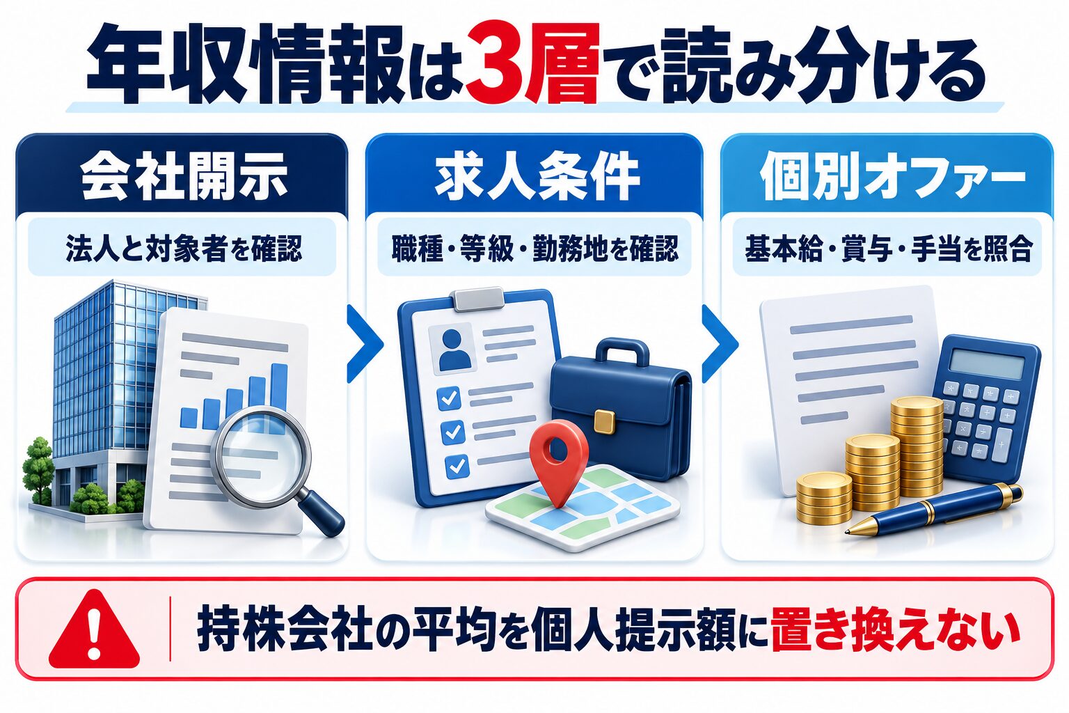 電通への転職で会社開示・求人条件・個別オファーの3層から年収情報を読み分ける図解