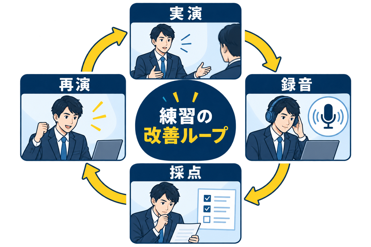 ケース面接を実演、録音、採点、再演の順で改善する練習ループ