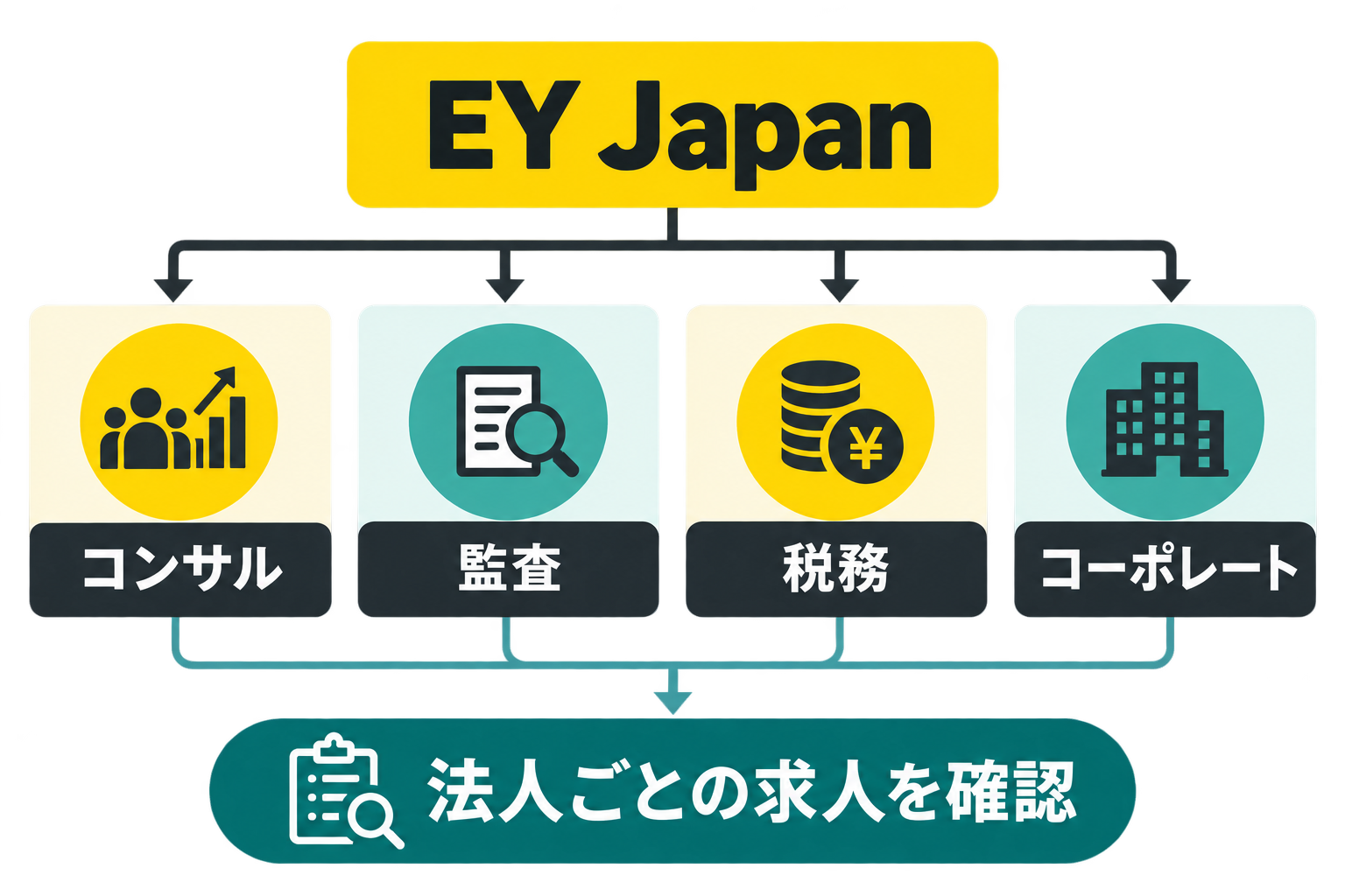 EY Japanからコンサル・監査・税務・コーポレートへ分けて法人ごとの求人を確認する図解