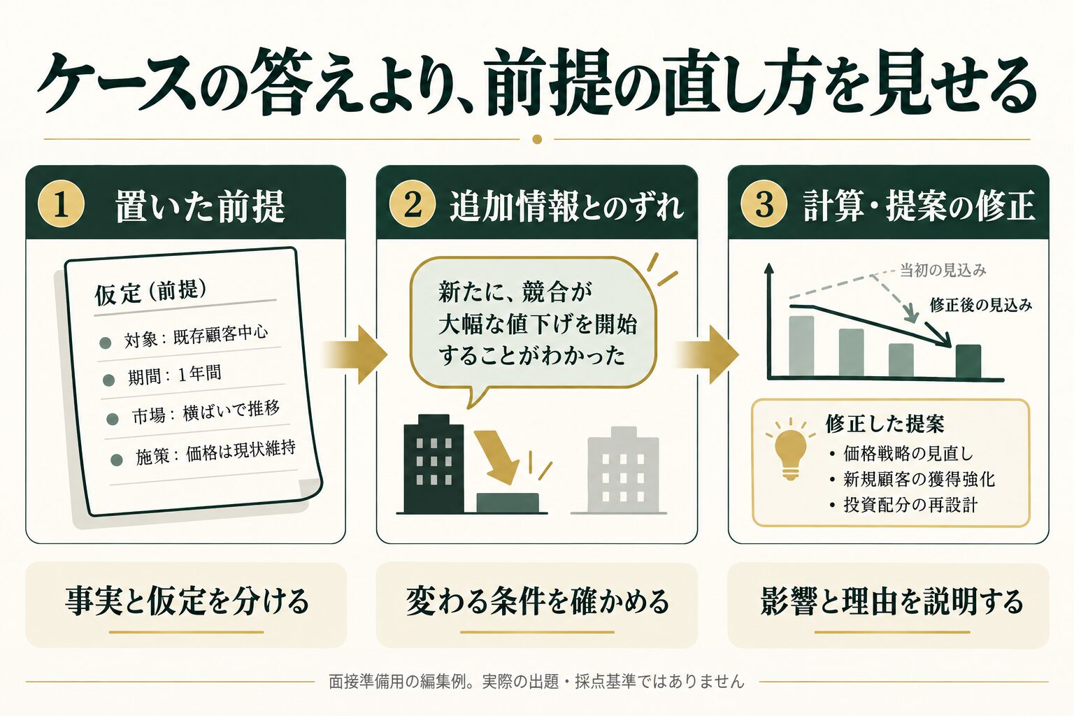 ケースの置いた前提、追加情報とのずれ、計算と提案の修正を整理する面接準備の図