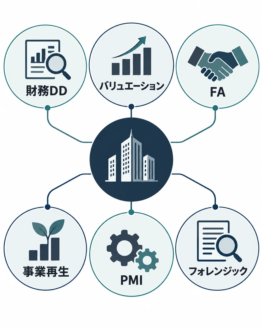 FASの財務DD・バリュエーション・FA・事業再生・PMI・フォレンジックを示す図