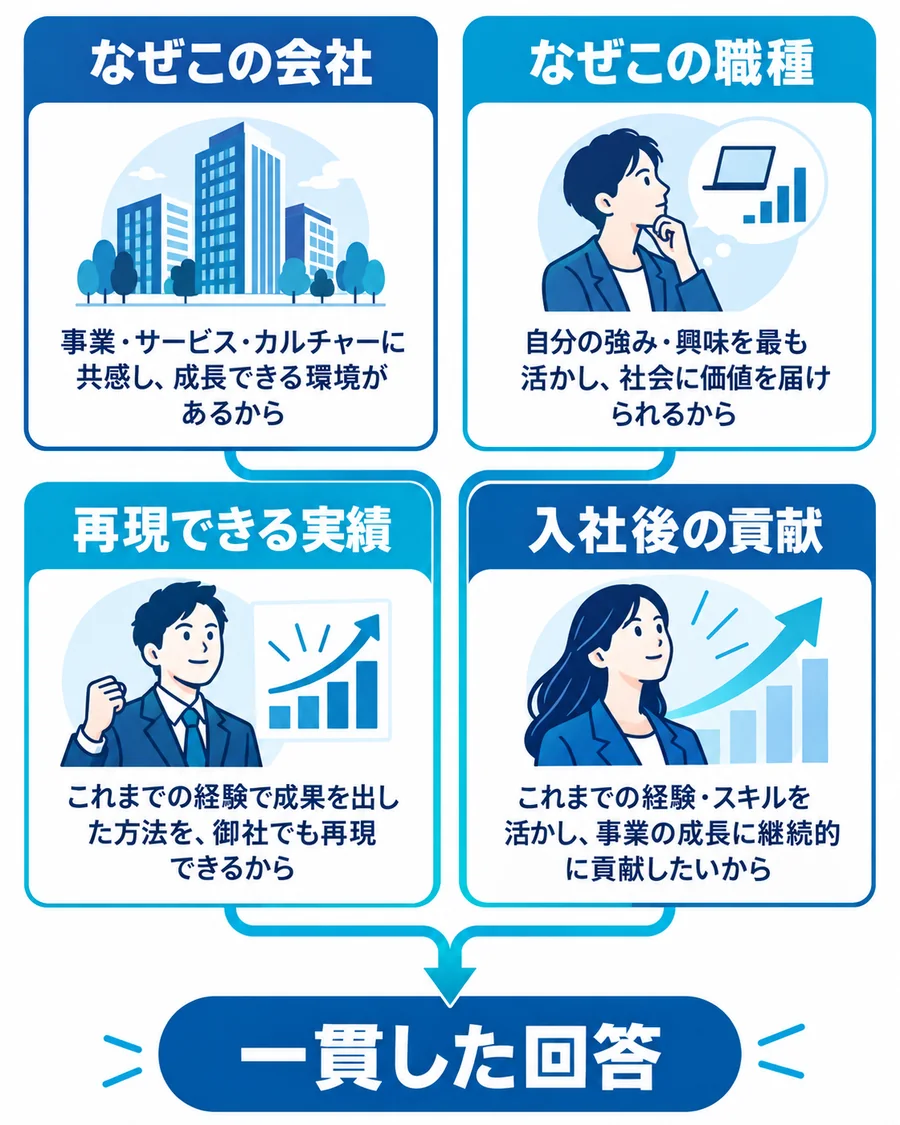 GMO転職の面接で会社志望、職種志望、再現できる実績、入社後の貢献を一貫させる図
