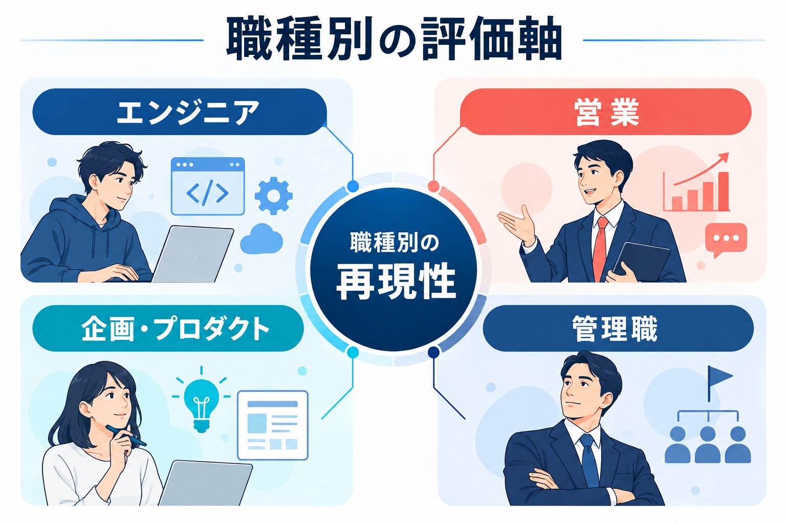 GMO面接の職種別評価材料をエンジニア・営業・企画プロダクト・管理職で整理した図解