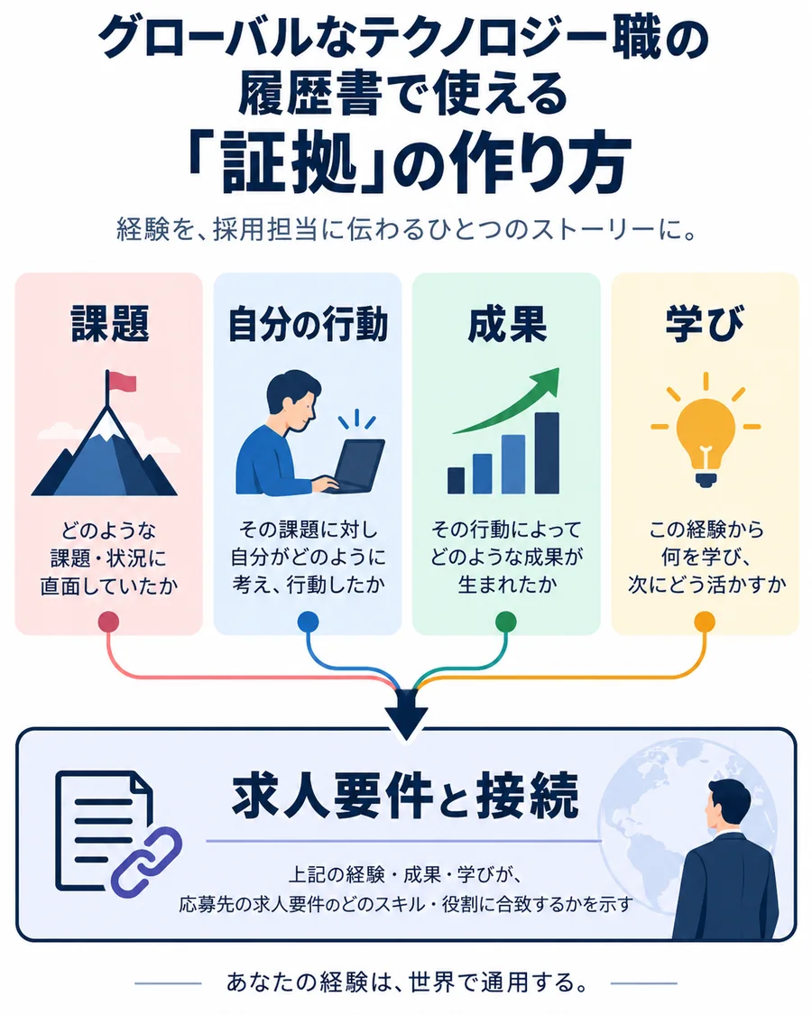 Google転職の履歴書で課題・自分の行動・成果・学びを求人要件へ接続する図