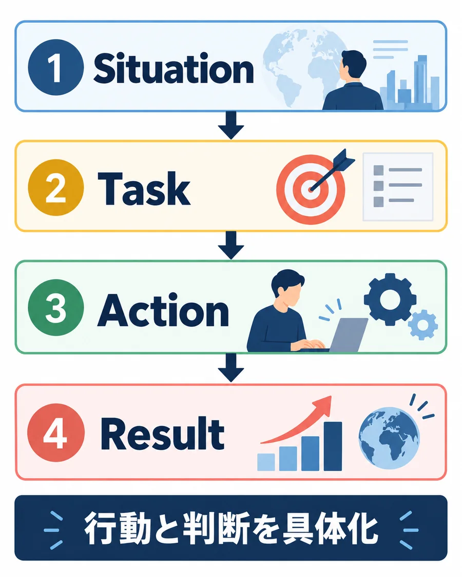 Google転職の面接回答をSituation、Task、Action、Resultで具体化する図