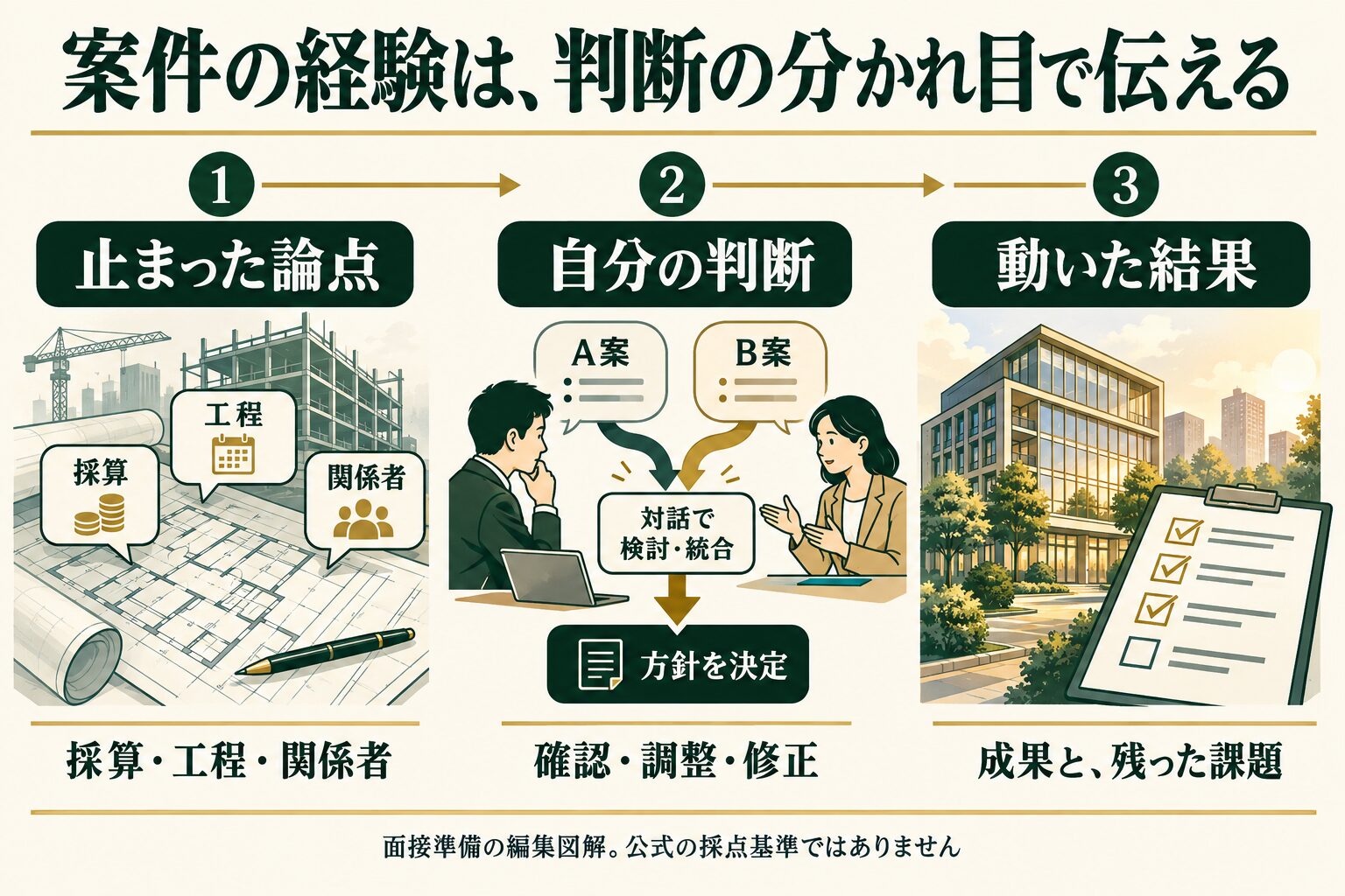 案件の経験を止まった論点、自分の判断、動いた結果の順に整理する面接準備の図