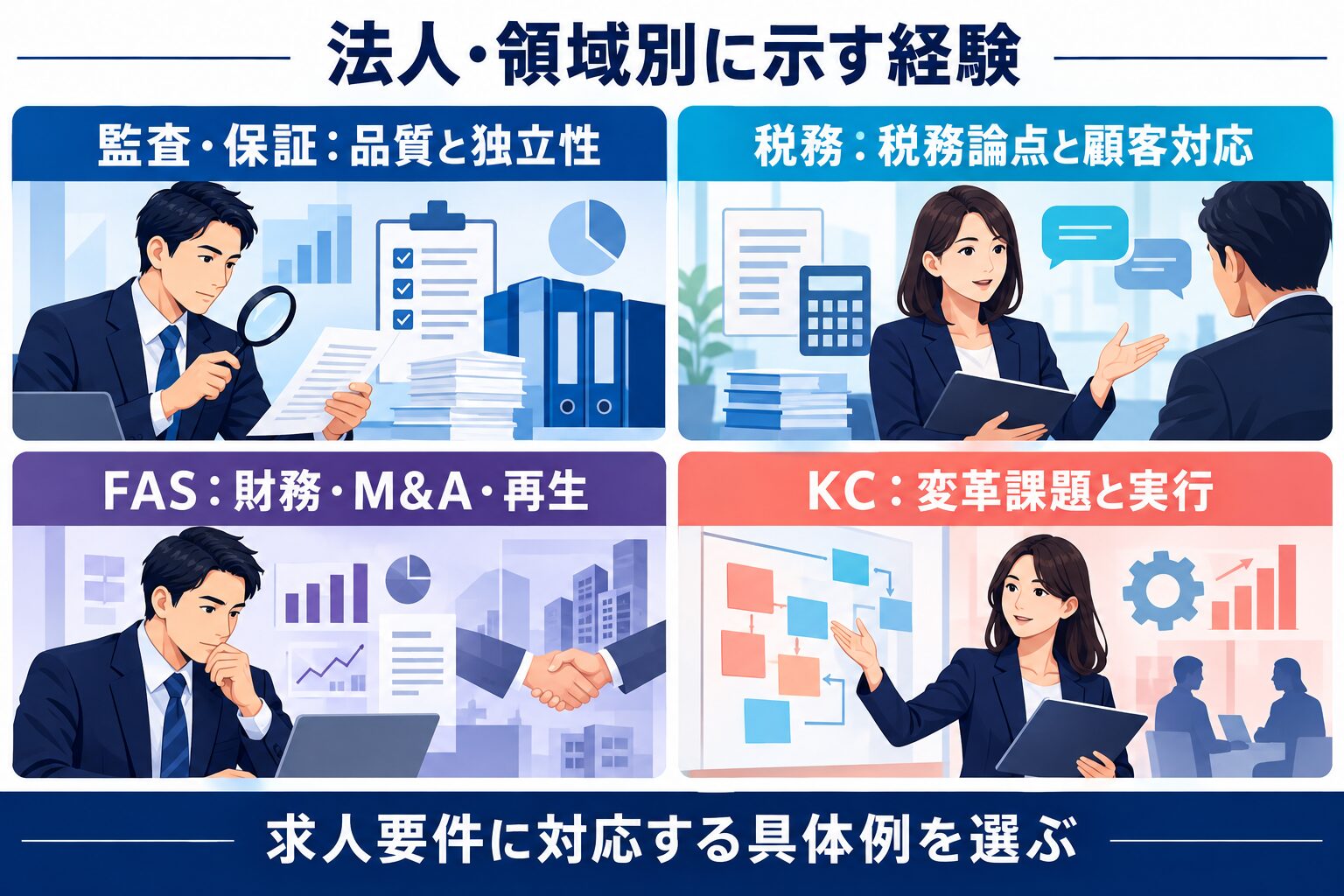 KPMGの監査、税務、FAS、KPMGコンサルティングで示す経験を分けた図解