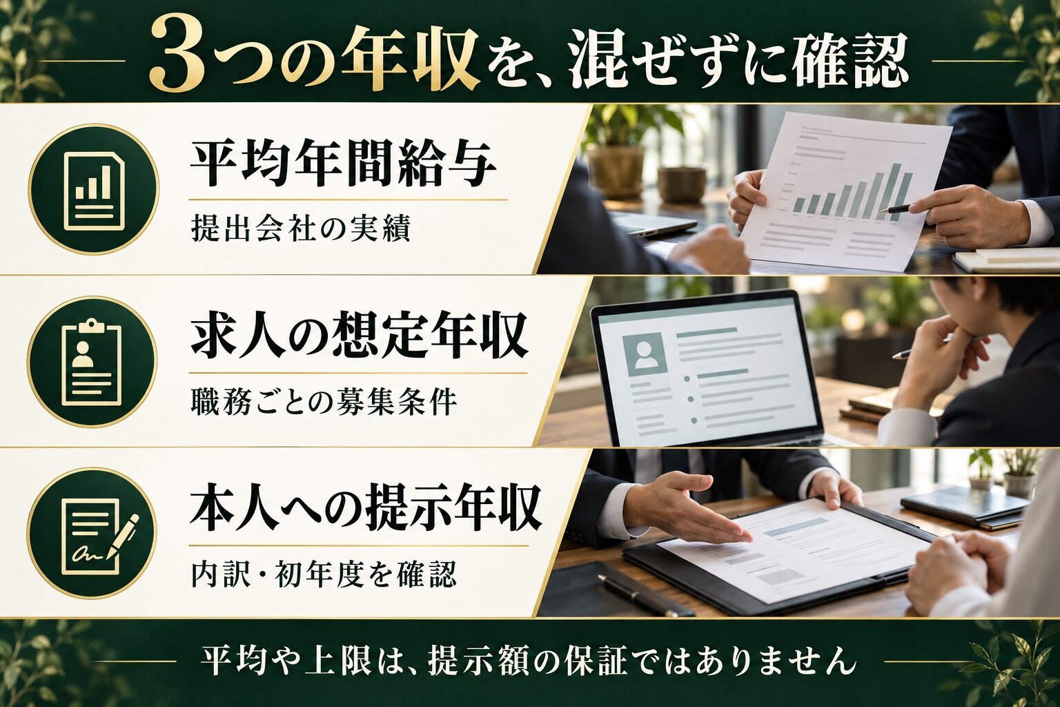 平均年間給与、求人の想定年収、本人への提示年収の3種類を分けて確認