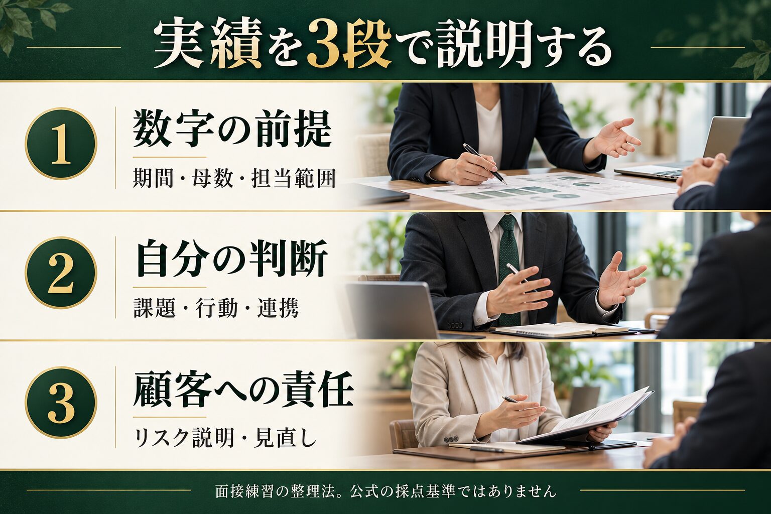 実績を数字の前提、自分の判断、顧客への責任の3段で説明する面接練習法
