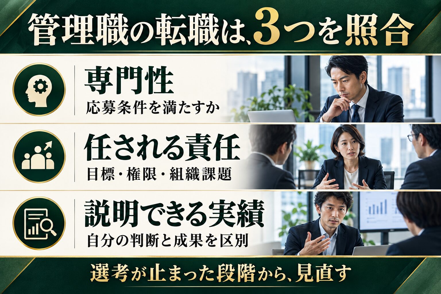 管理職の転職では専門性、任される責任、説明できる実績の3つを照合する