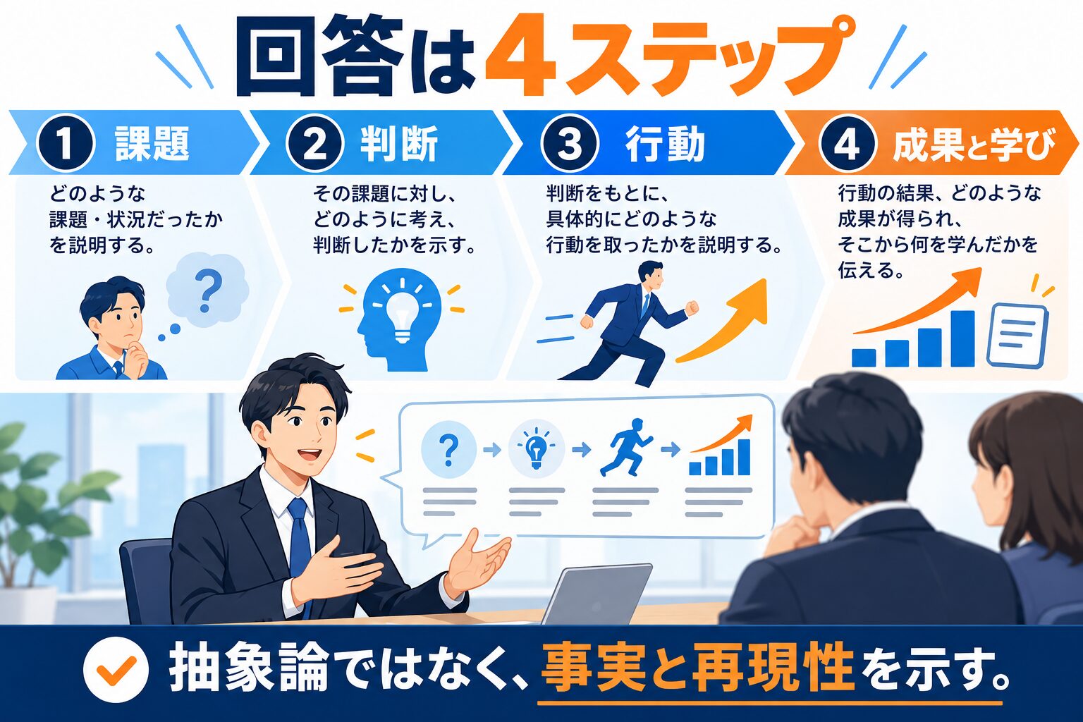 ミイダスの面接回答を課題・判断・行動・成果と学びで組み立てる図解