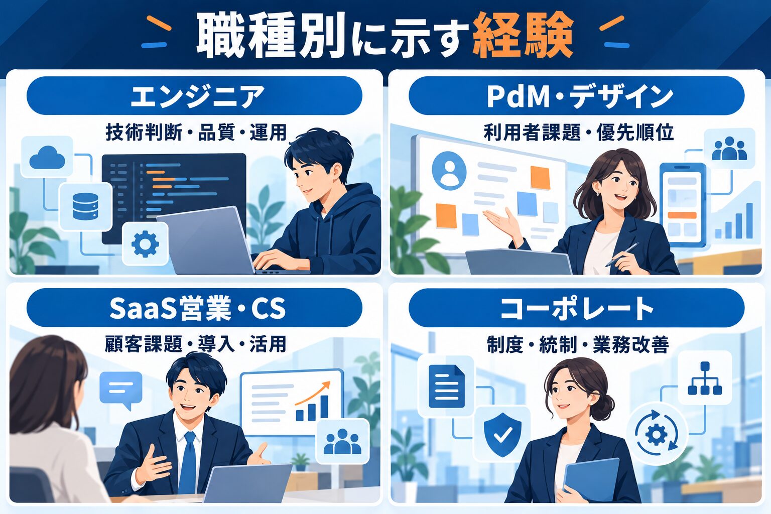 マネーフォワードの職種別に選考で示す経験を整理した図解