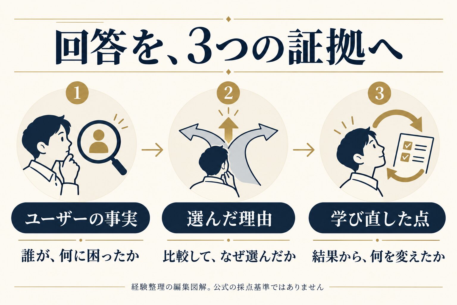 回答をユーザーの事実・選んだ理由・学び直した点の3つの証拠で整理する図