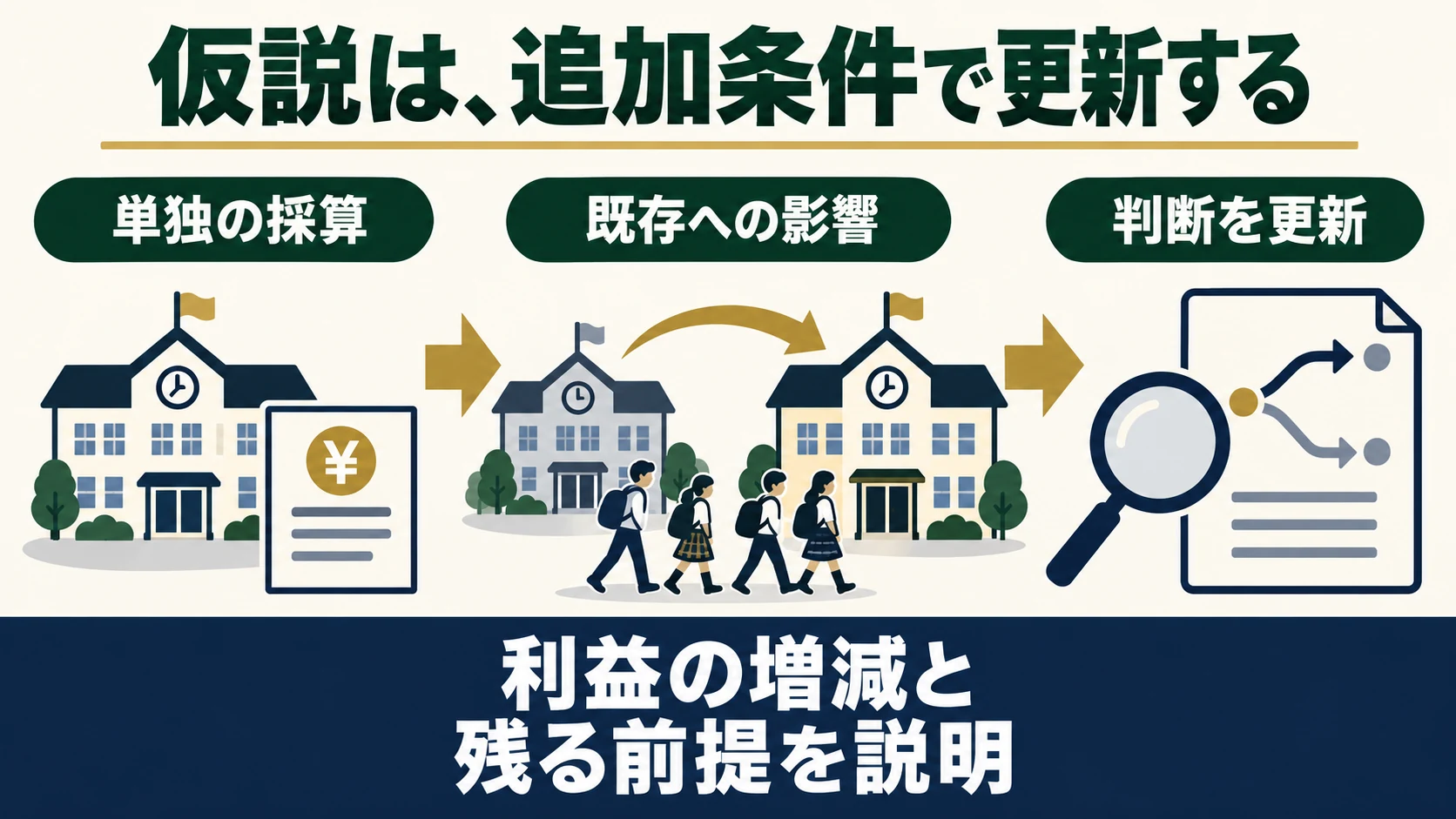 仮説は追加条件で更新する。単独の採算に既存校への影響を加え、判断を更新し、利益の増減と残る前提を説明する