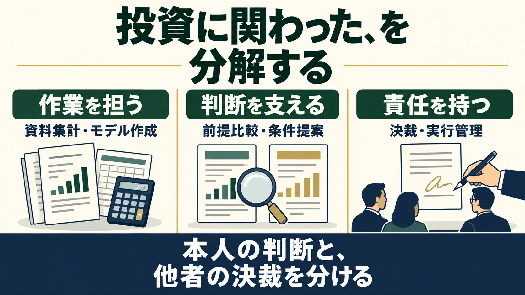 投資に関わった経験を、資料集計・モデル作成という作業、前提比較・条件提案という判断支援、決裁・実行管理という責任に分け、本人の判断と他者の決裁を分ける