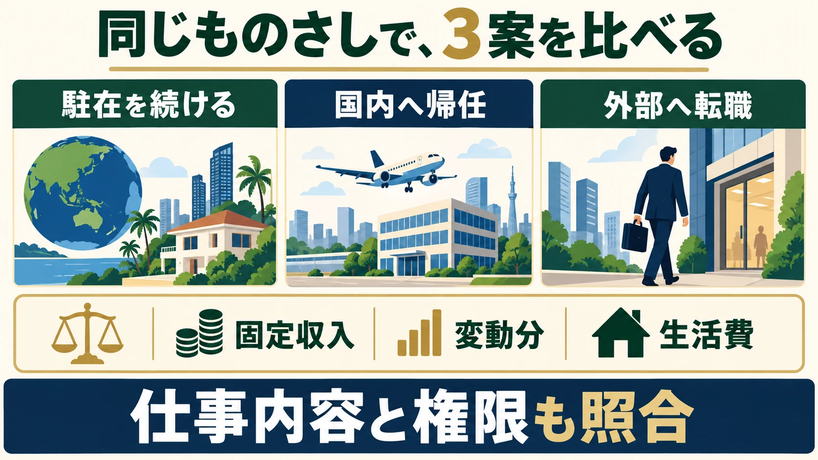 駐在を続ける・国内へ帰任・外部へ転職の3案を、固定収入・変動分・生活費という同じものさしで比べ、仕事内容と権限も照合する