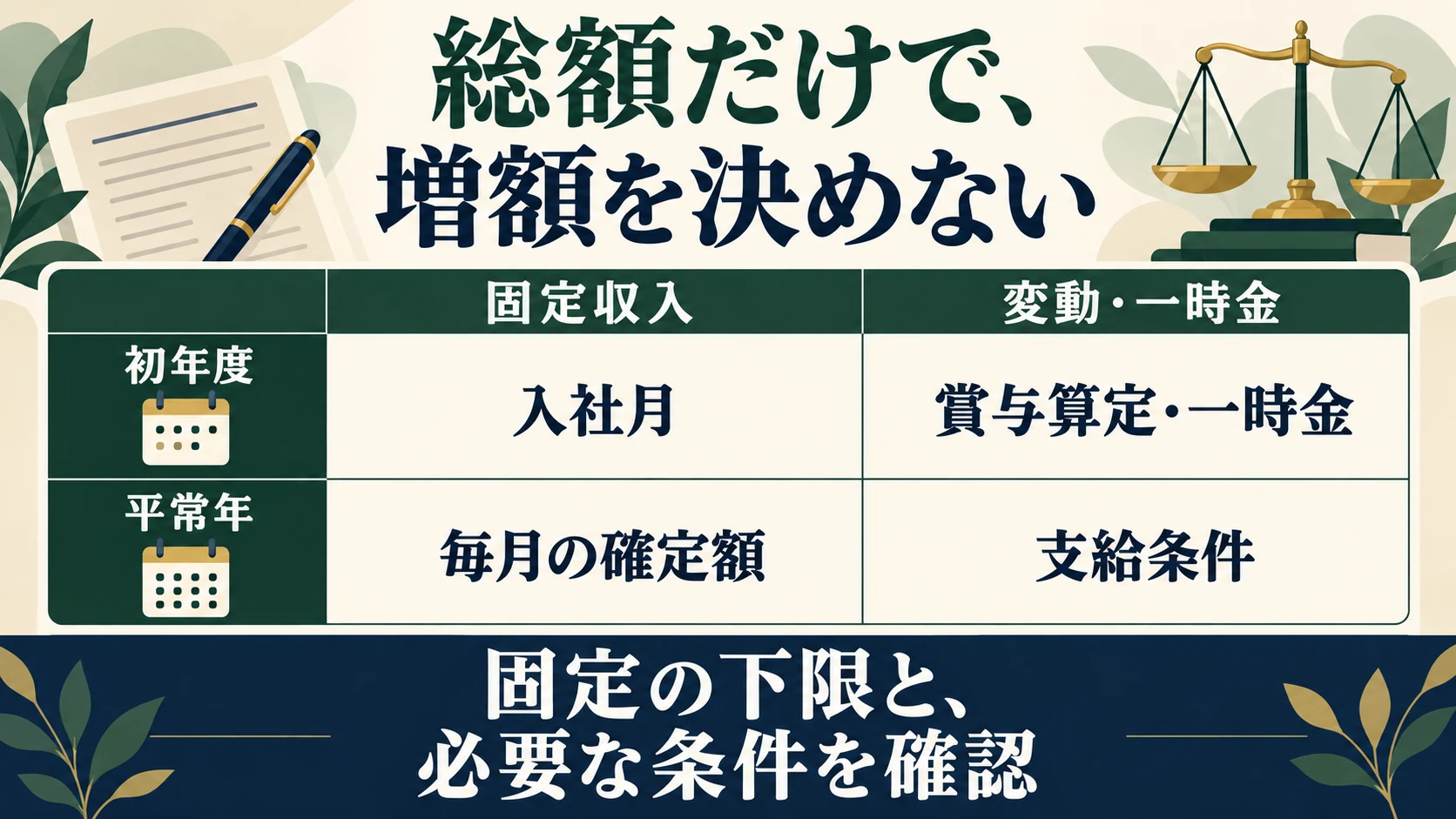 総額だけで増額を決めず、初年度と平常年、固定収入と変動・一時金を分け、入社月・賞与算定・毎月の確定額・支給条件を確認する