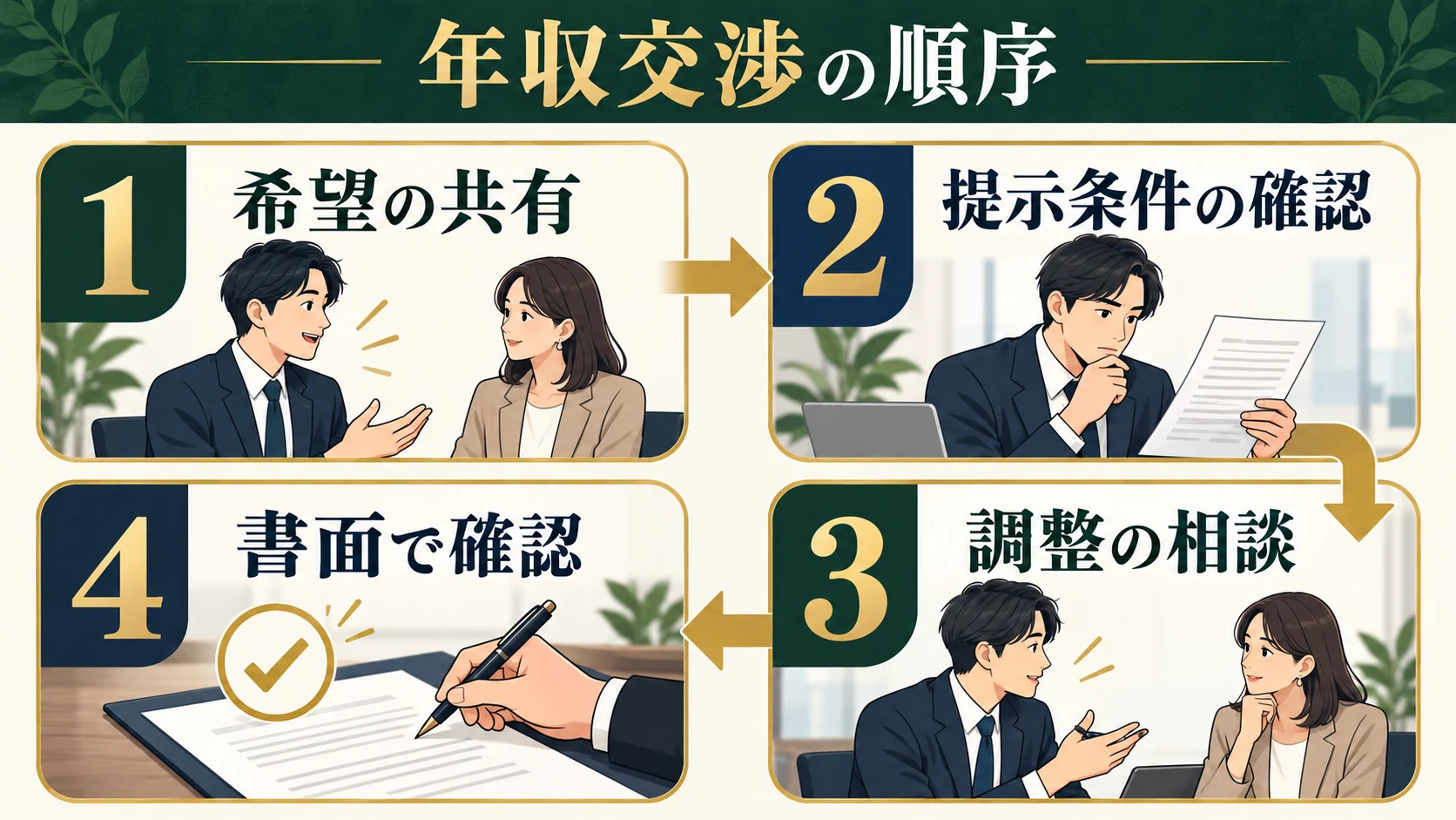 年収交渉は、希望の共有、提示条件の確認、調整の相談、書面で確認の順に進める