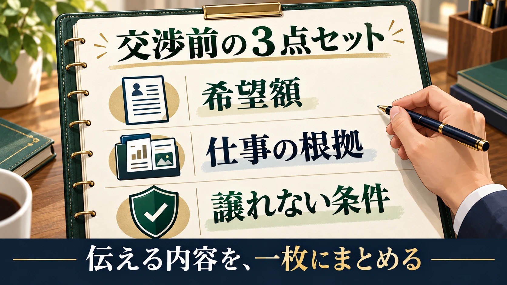 交渉前に希望額、仕事の根拠、譲れない条件の三点を一枚にまとめる