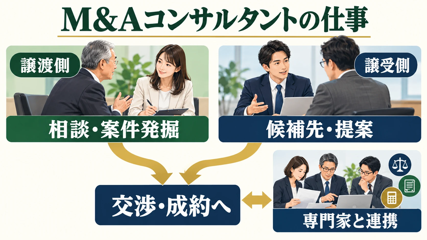 M&Aコンサルタントは譲渡側と譲受側の担当が案件発掘・提案を進め、交渉・成約では専門家と連携する