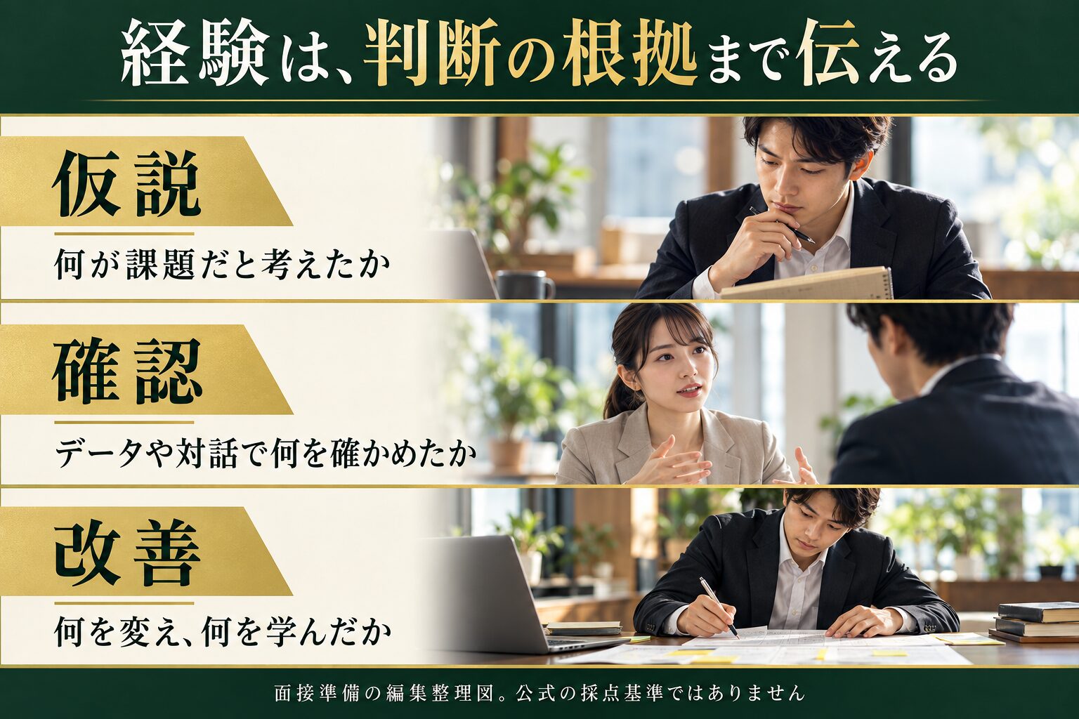 経験を仮説・確認・改善で振り返り、課題と考えたこと、確かめたこと、変えて学んだことを伝える