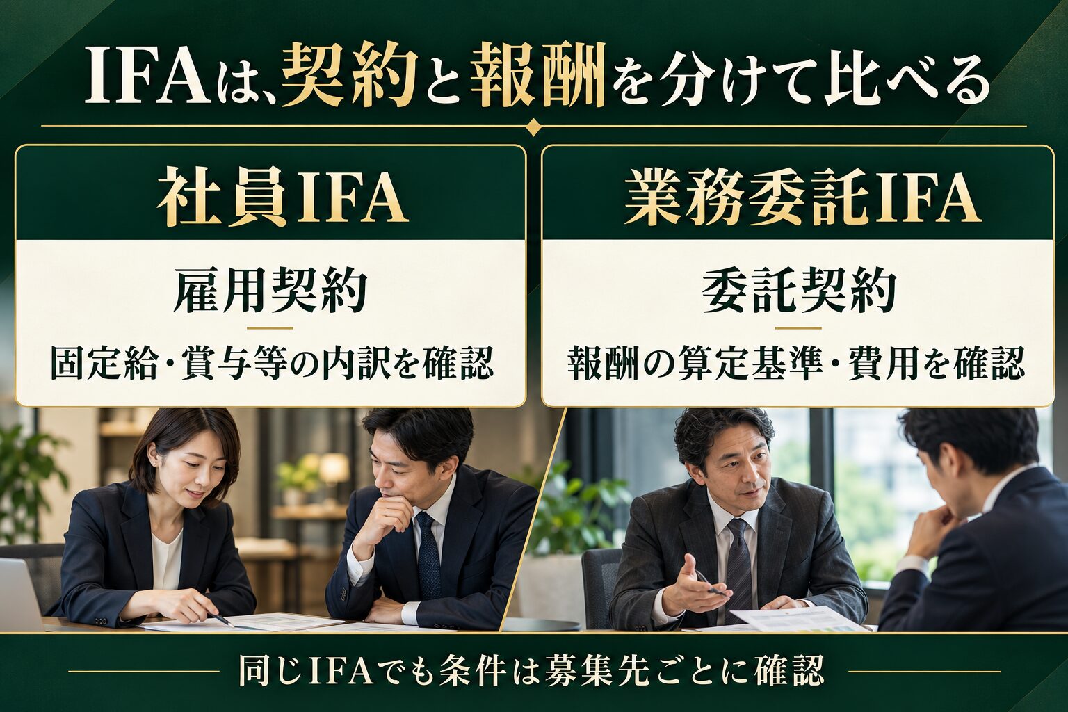 IFAは契約と報酬を分けて比較：社員IFAは雇用契約、業務委託IFAは委託契約で条件を確認