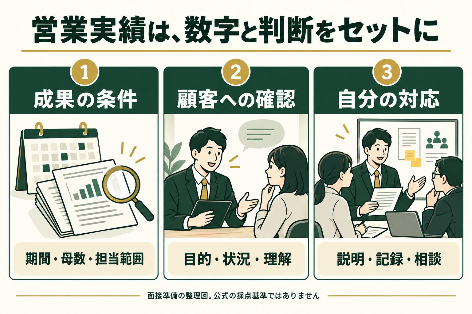 営業実績を成果の条件、顧客への確認、自分の対応で整理する面接準備の図