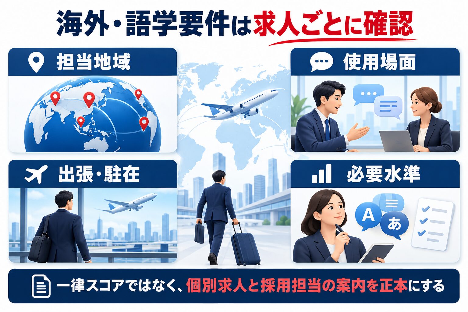 双日の海外・語学要件を担当地域・使用場面・出張駐在・必要水準で確認する図解
