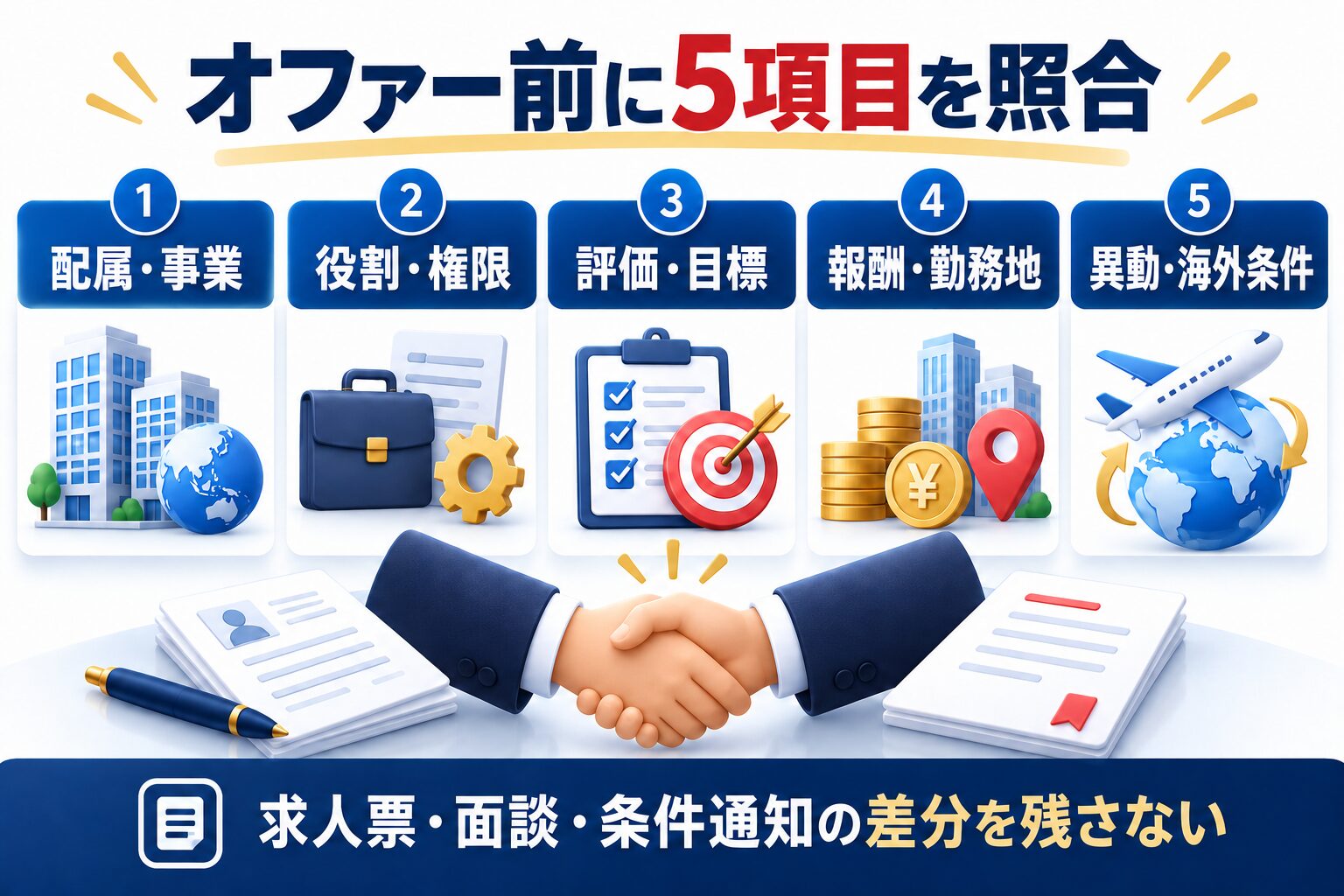 双日への転職でオファー前に配属・役割・評価・報酬・海外条件を照合する図解