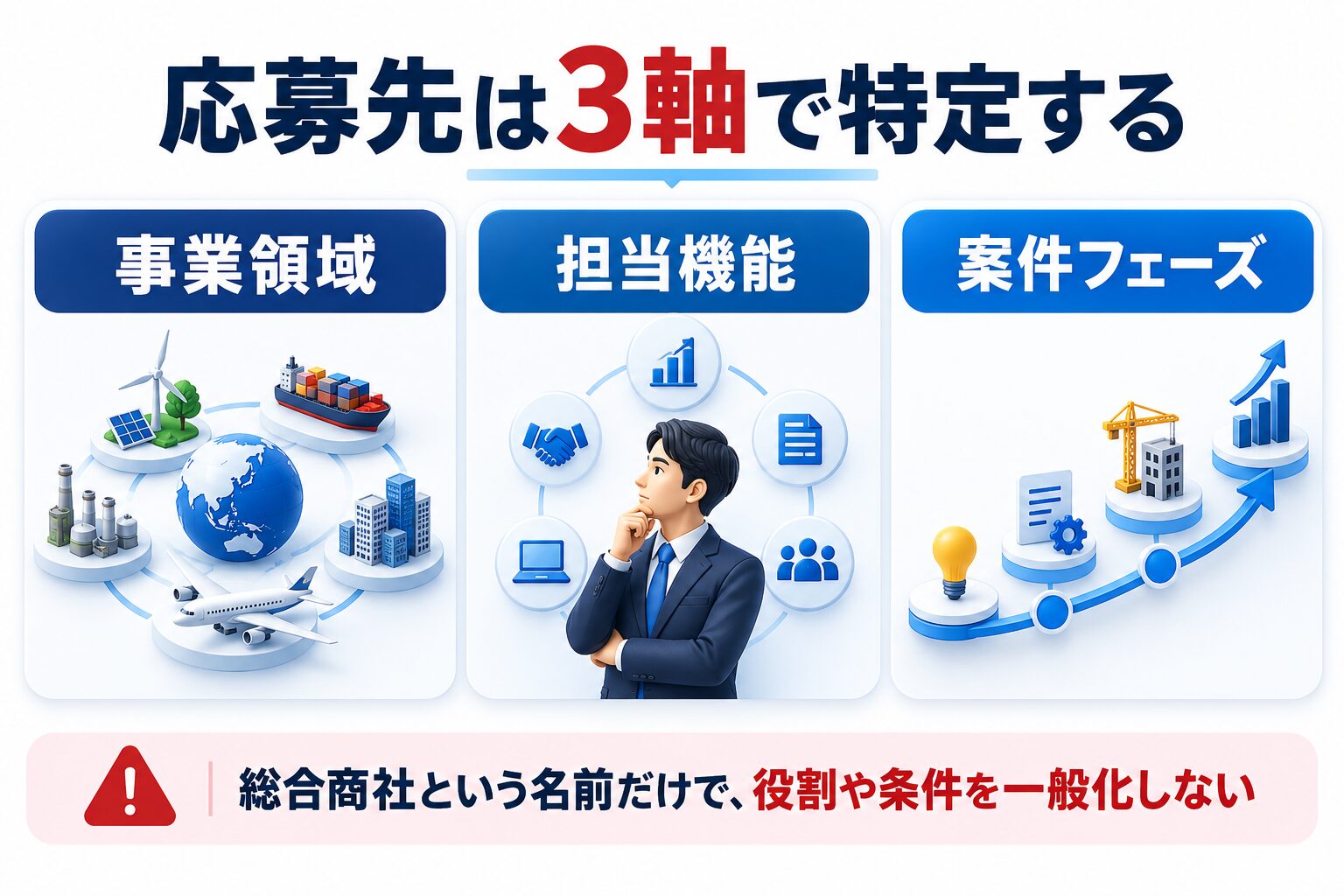 双日への転職で応募先を事業領域・担当機能・案件フェーズの3軸で特定する図解