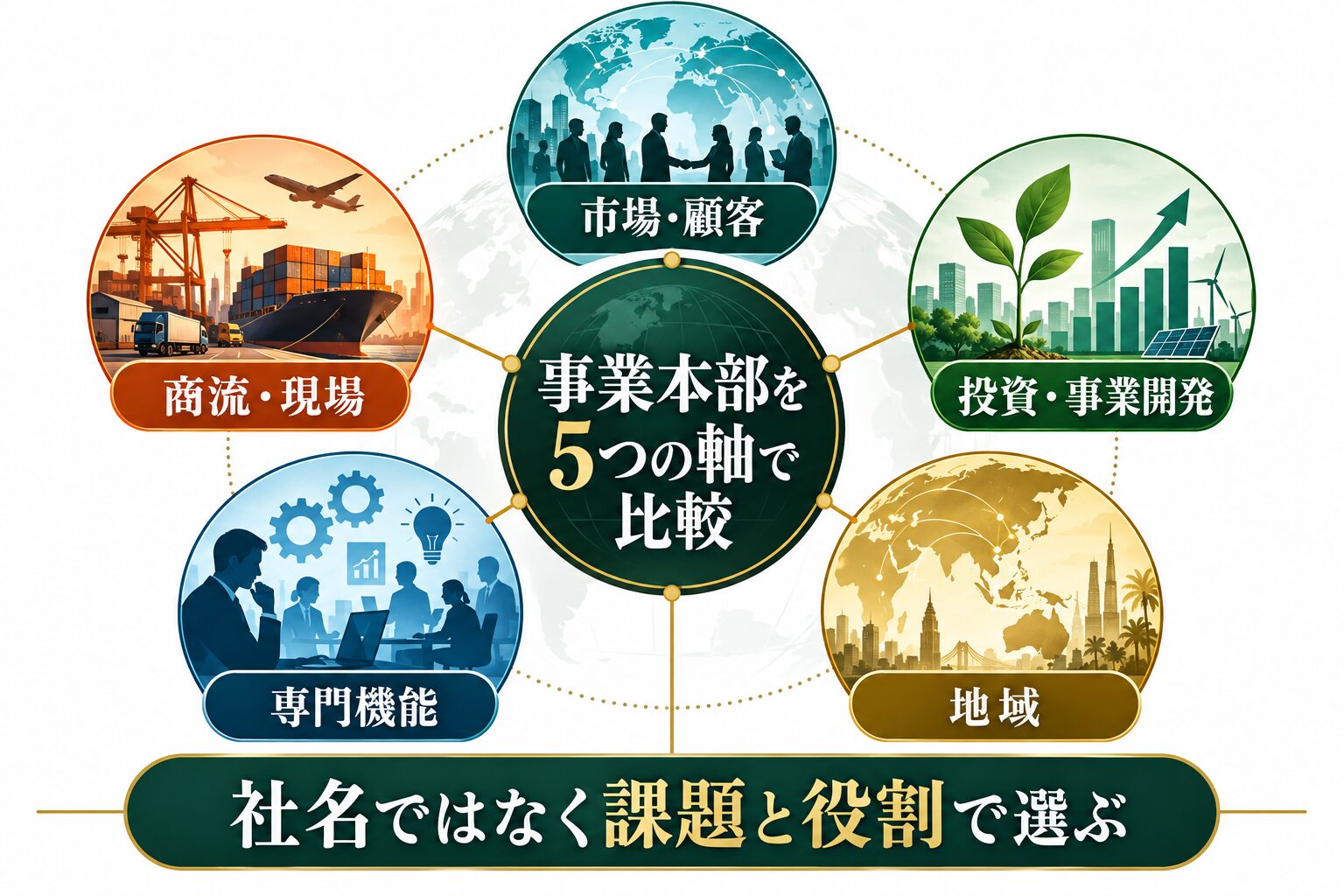 豊田通商の事業本部を市場・商流・投資・機能・地域で比較する図解