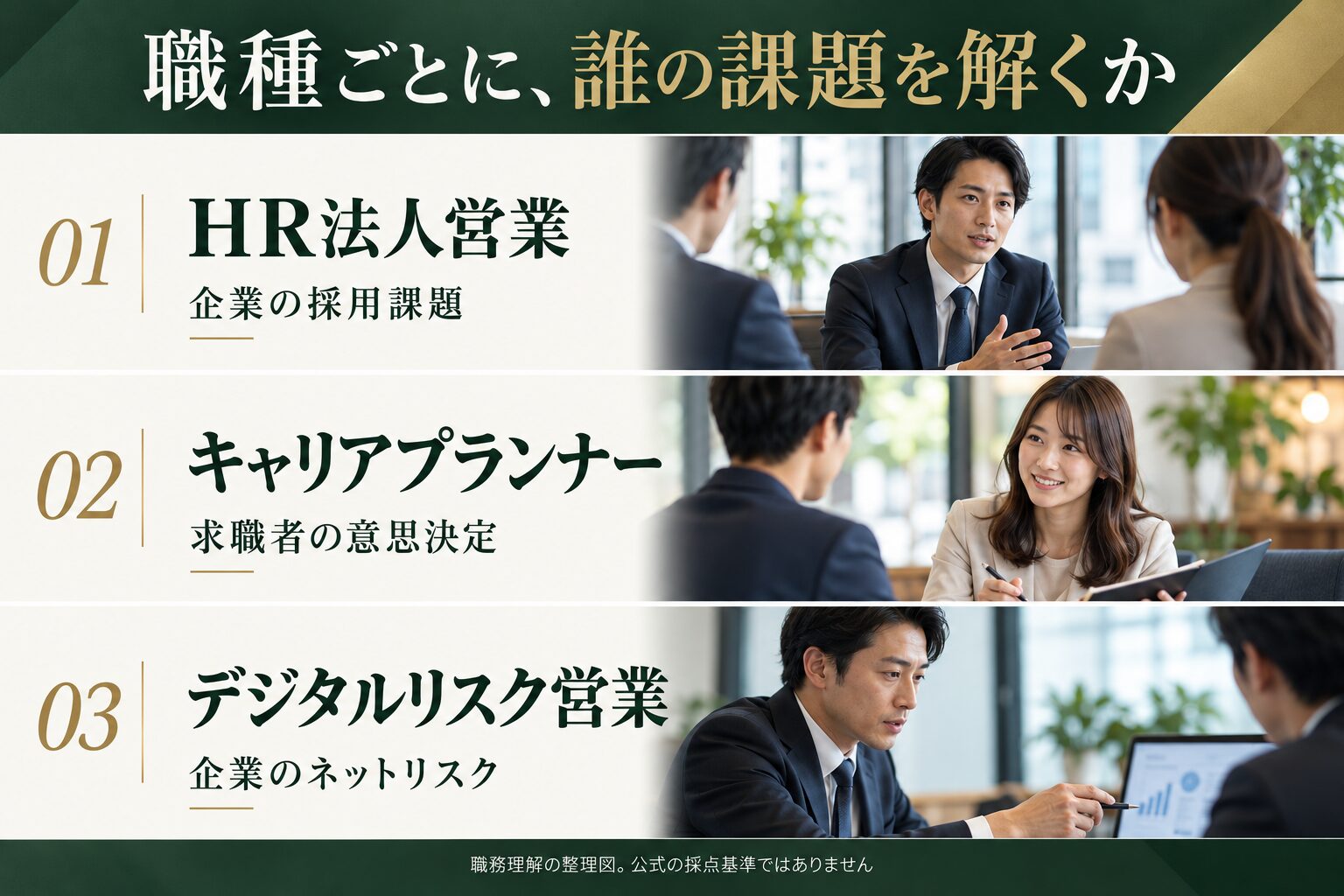 HR法人営業は企業の採用課題、キャリアプランナーは求職者の意思決定、デジタルリスク営業は企業のネットリスクを整理する